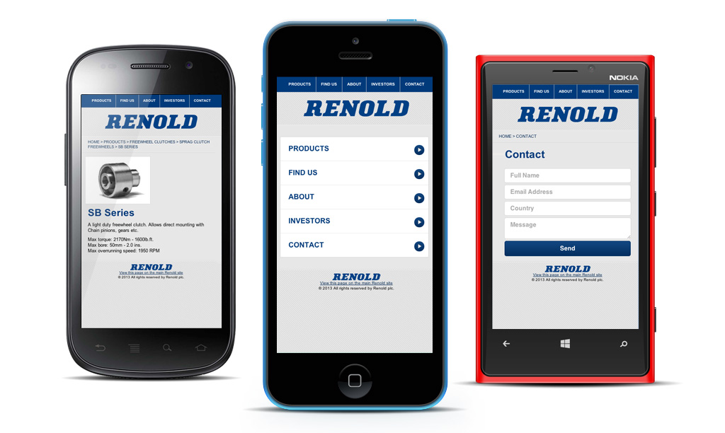 Mockup of the Renold mobile site in three different phones